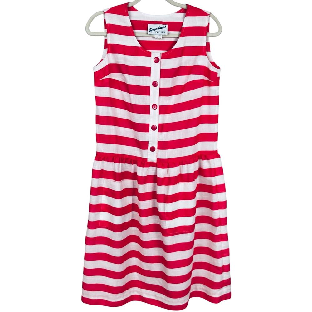 VTG 70s Pink & White Nautical Stripe Drop Waist Midi Sundress Size M Retro Twee